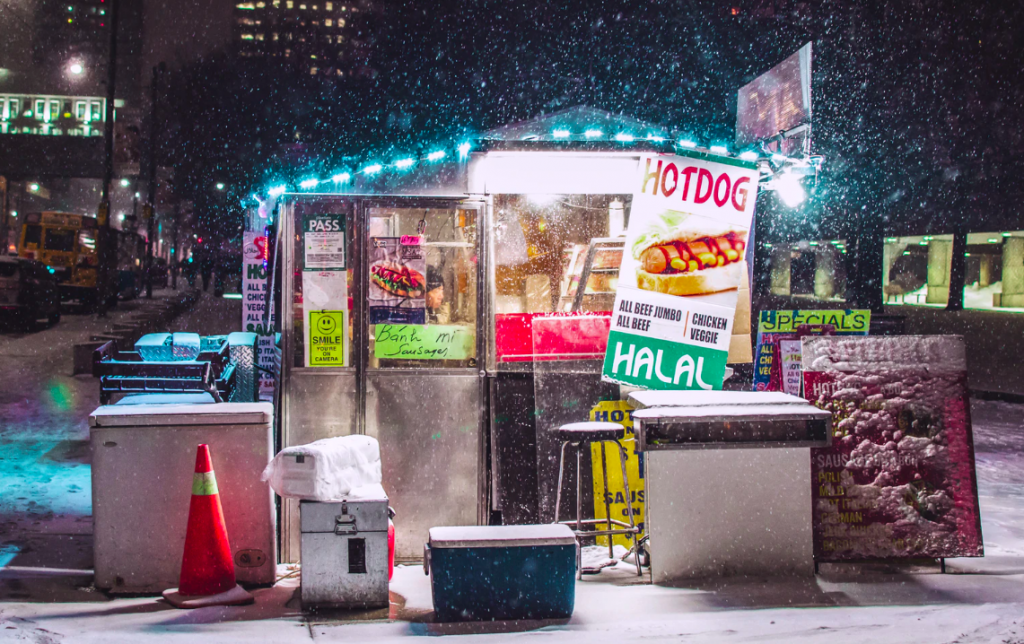 Food stall outdoor signs in winter