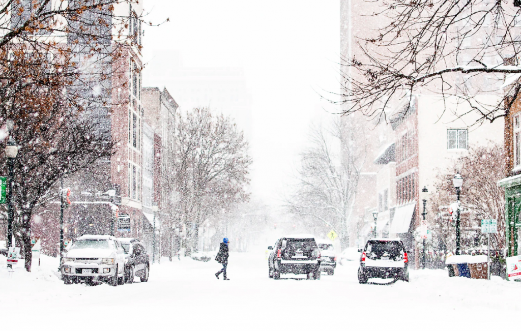 Wintery city scene in Michigan