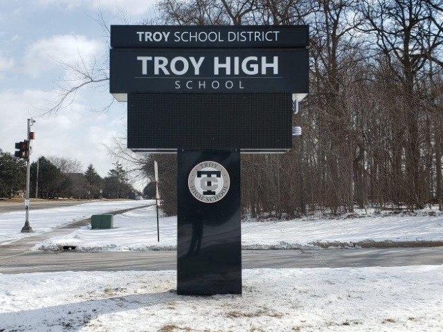 Troy High School Sign - LED Message Center finished full view- Troy, MI