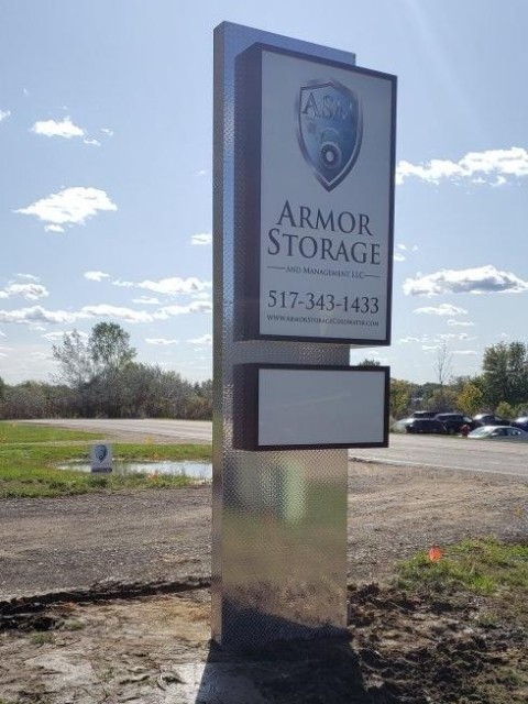 Armor Storage Sign - Monument Cabinet Sign Left side view - Coldwater, MI