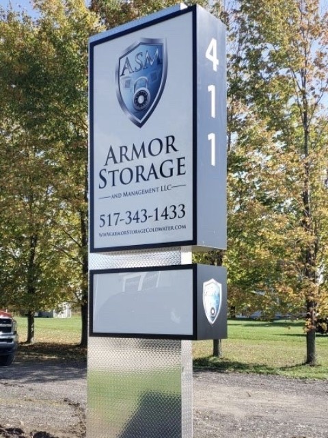 Armor Storage Sign - Monument Cabinet Sign Right side view - Coldwater, MI