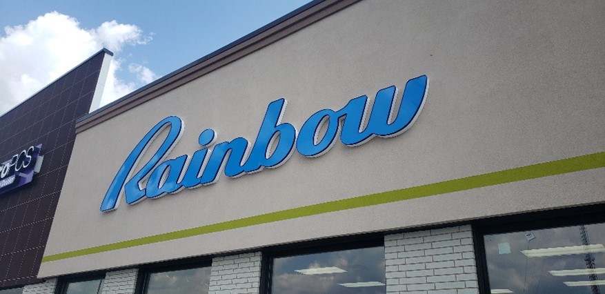 Dimensional letters on the building of Rainbow dry cleaning