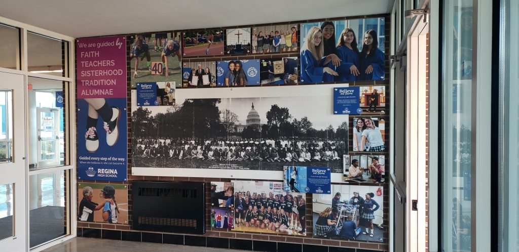 Wall graphic showing school spirit at Regina High School